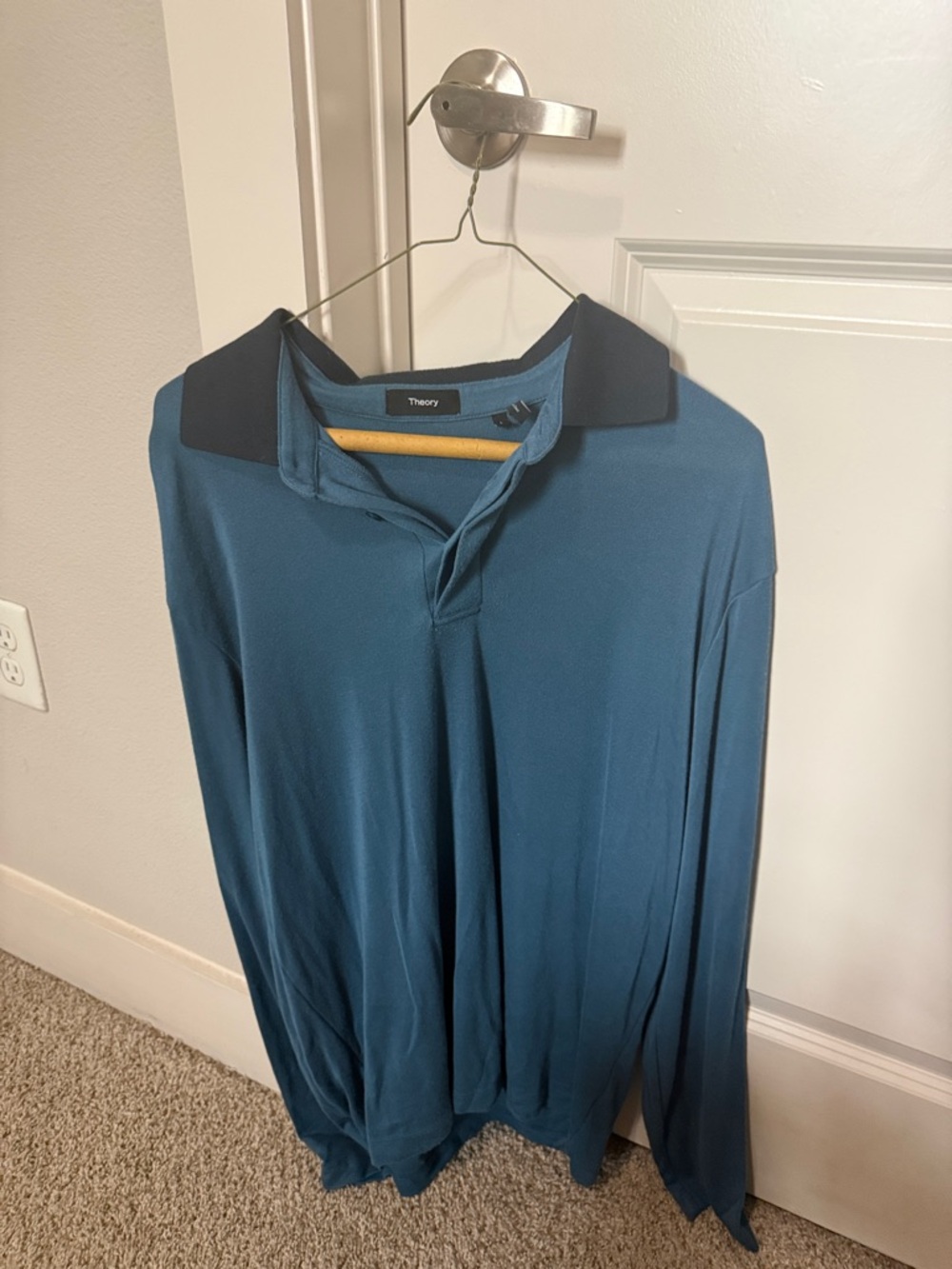 Theory Teal-Blue Long-Sleeve Polo with Black Collar